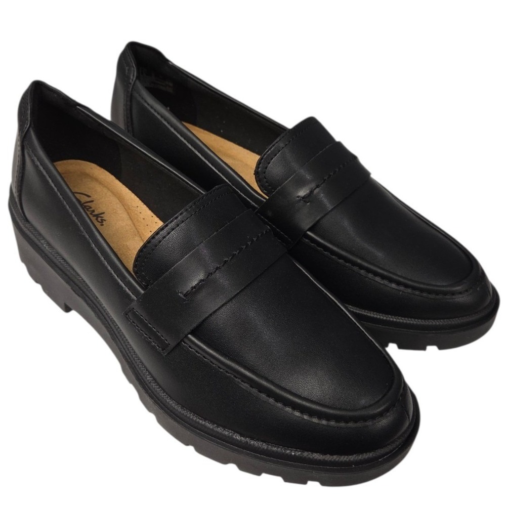 Clarks Calla Ease Penny Loafer Women 9W Black Leather Lug Sole Slip On Shoes New